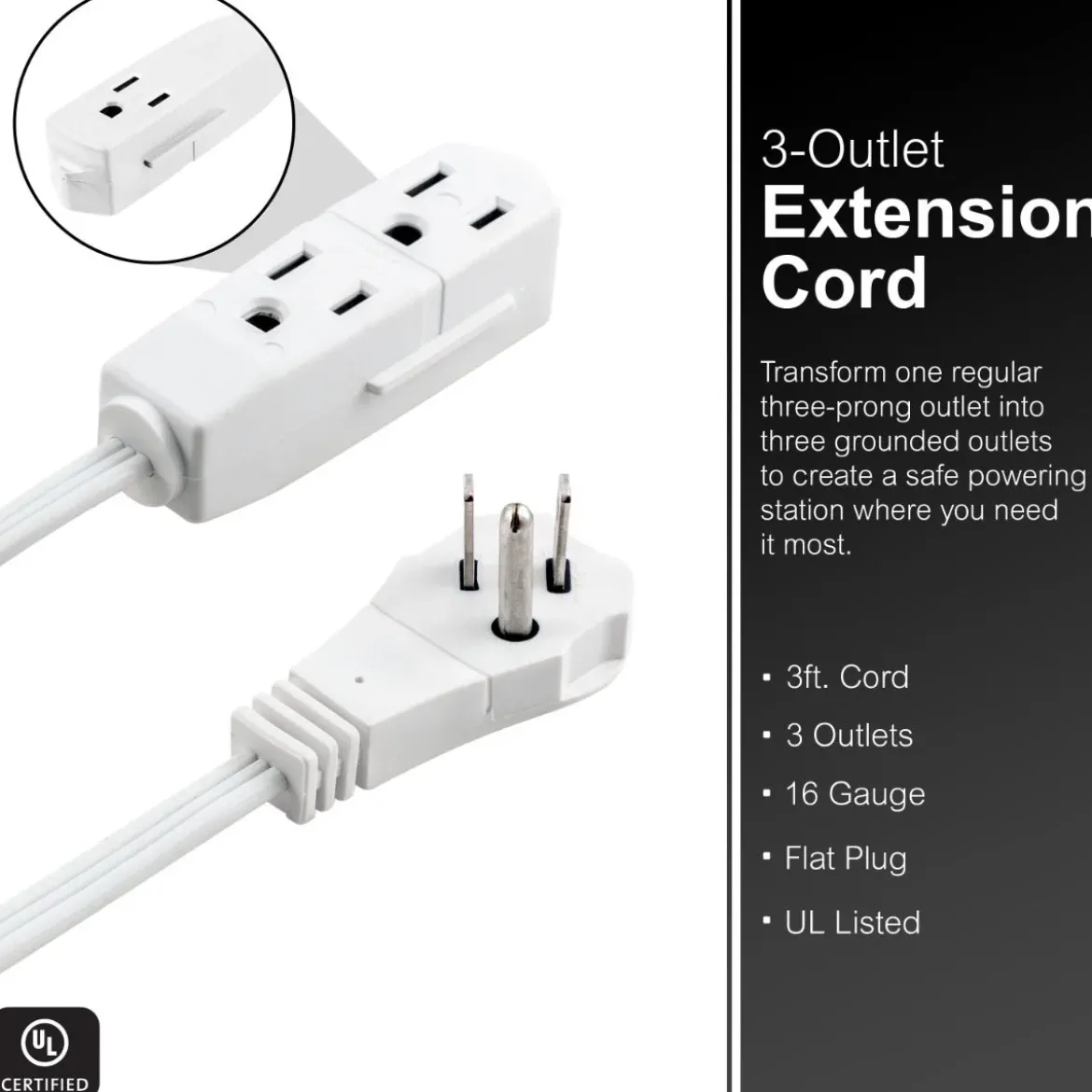 GE 3-Outlet 3ft. Extension Cord with Right-Angle Plug, White
