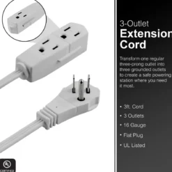 GE 3-Outlet 3ft. Extension Cord with Right-Angle Plug, Gray
