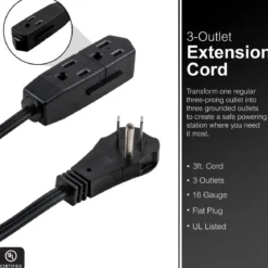 GE 3-Outlet 3ft. Extension Cord with Right-Angle Plug, Black