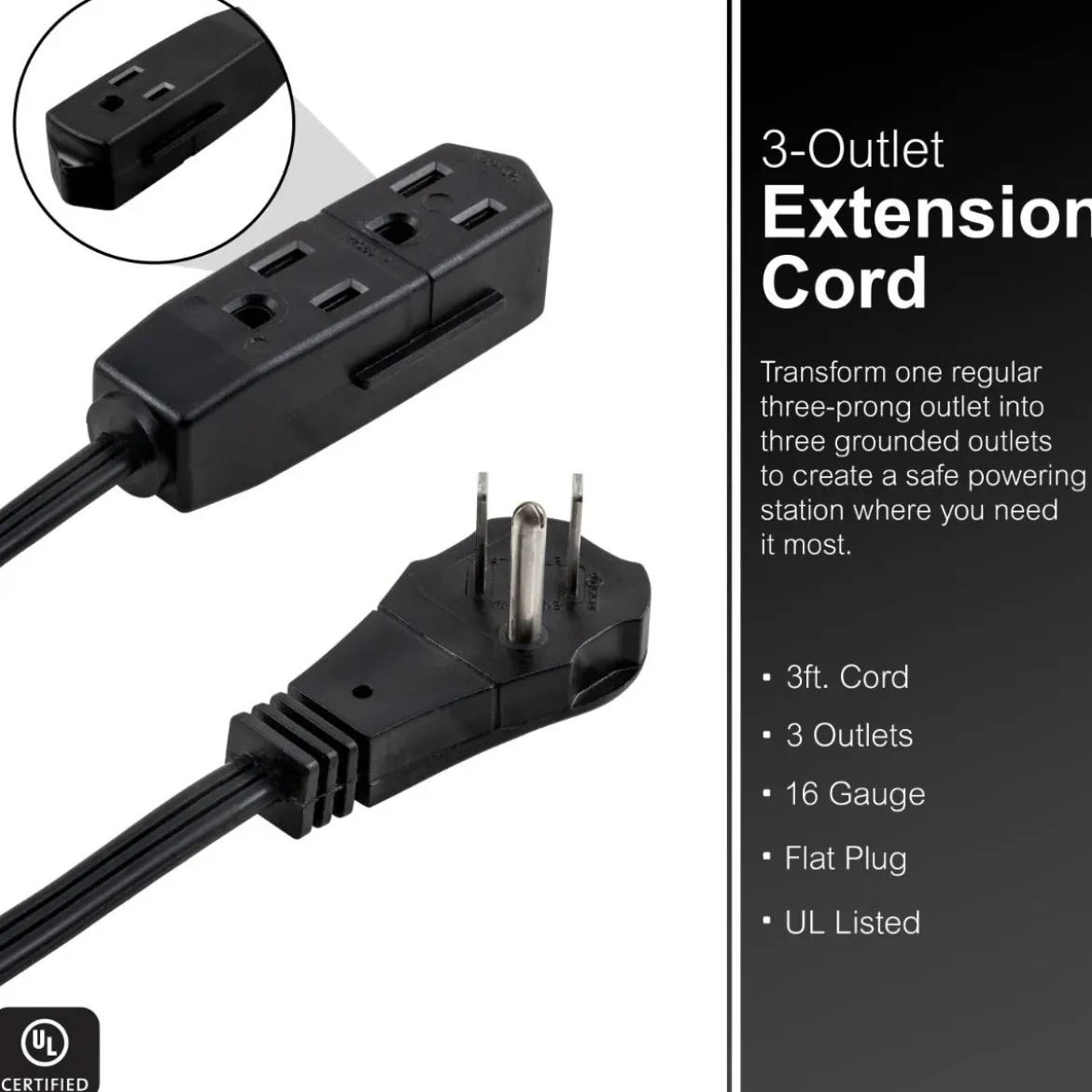 GE 3-Outlet 3ft. Extension Cord with Right-Angle Plug, Black
