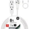 GE 3-Outlet 8ft. Extension Cord with Right-Angle Plug, 2 Pack, White