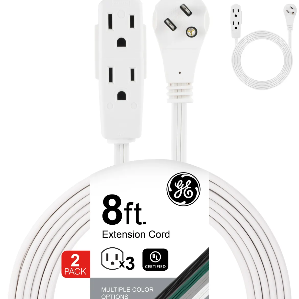 GE 3-Outlet 8ft. Extension Cord with Right-Angle Plug, 2 Pack, White