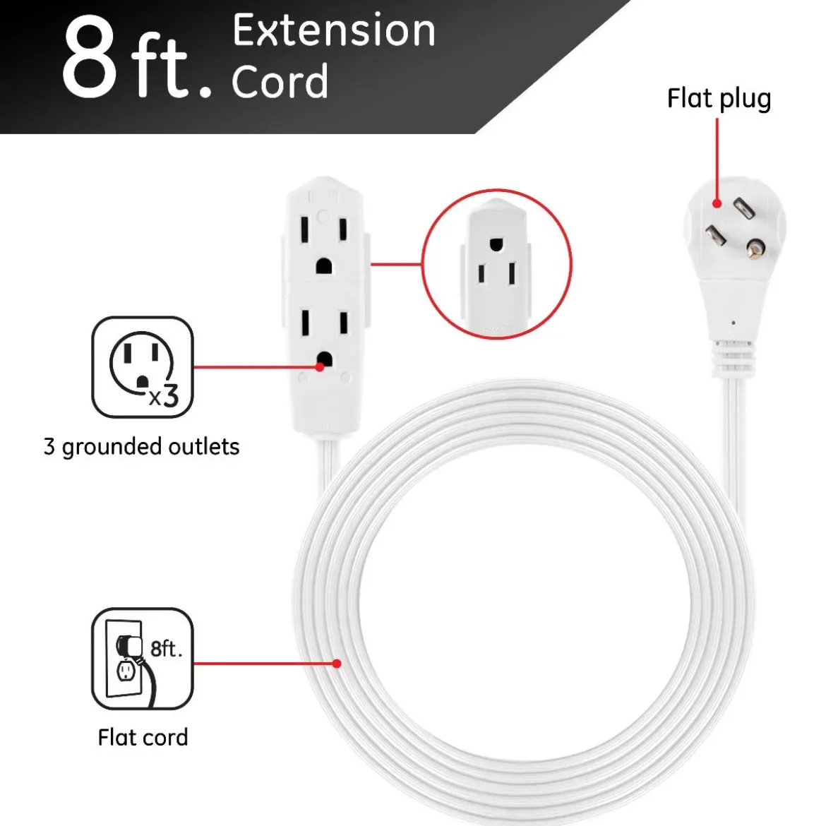 GE 3-Outlet 8ft. Extension Cord with Right-Angle Plug, 2 Pack, White
