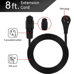GE 3-Outlet 8ft. Extension Cord with Right-Angle Plug, Black
