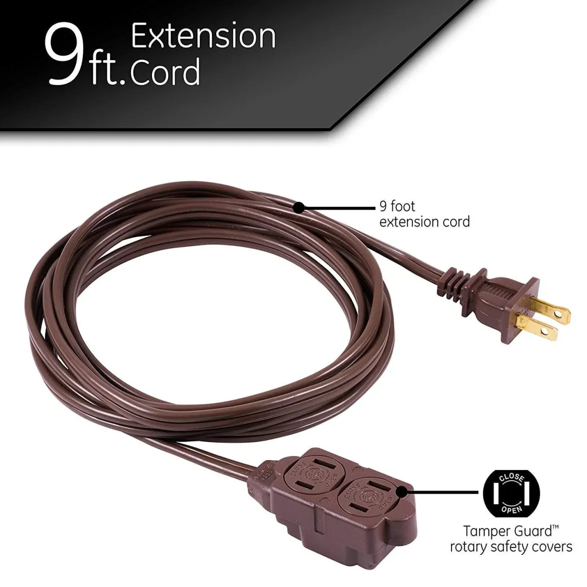 GE 3-Outlet 9ft. Extension Cord with Twist-to-Close Outlets, Brown