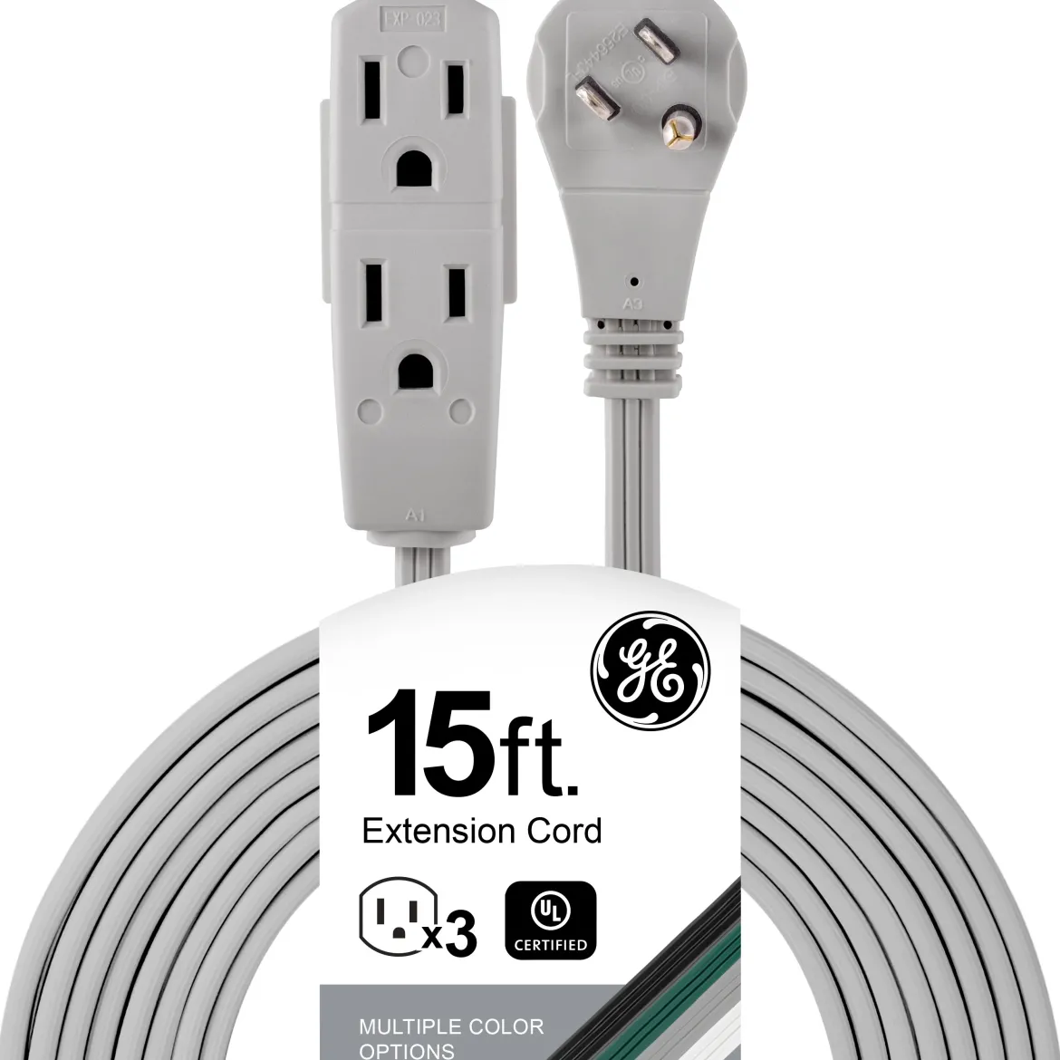 GE 3-Outlet 15ft. Extension Cord with Right-Angle Plug, Gray