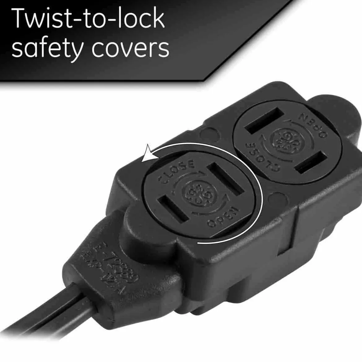 GE 3-Outlet 15ft. Extension Cord with Twist-to-Close Outlets, Black