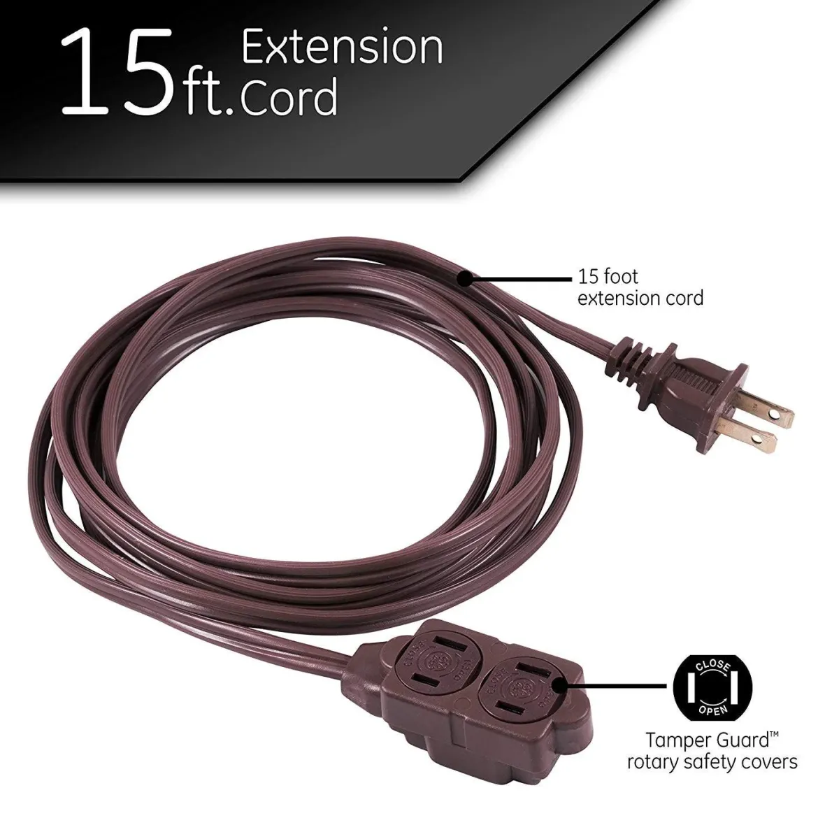 GE 3-Outlet 15ft. Extension Cord with Twist-to-Close Outlets, Brown