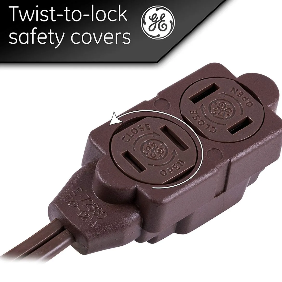GE 3-Outlet 15ft. Extension Cord with Twist-to-Close Outlets, Brown