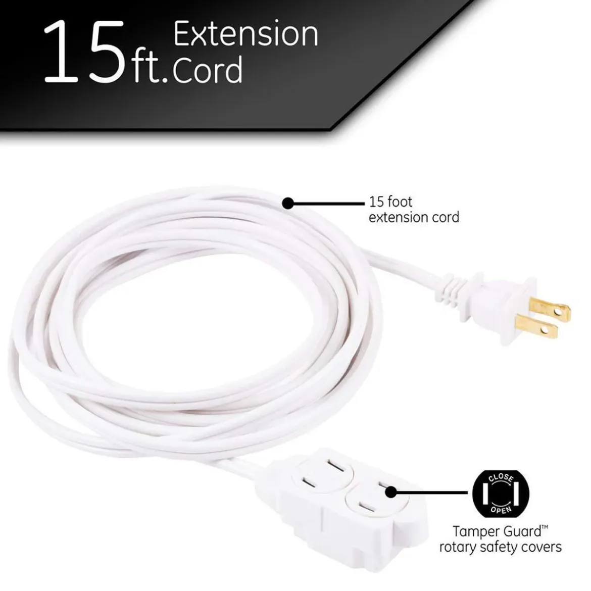 GE 3-Outlet 15ft. Extension Cord with Twist-to-Close Outlets, White