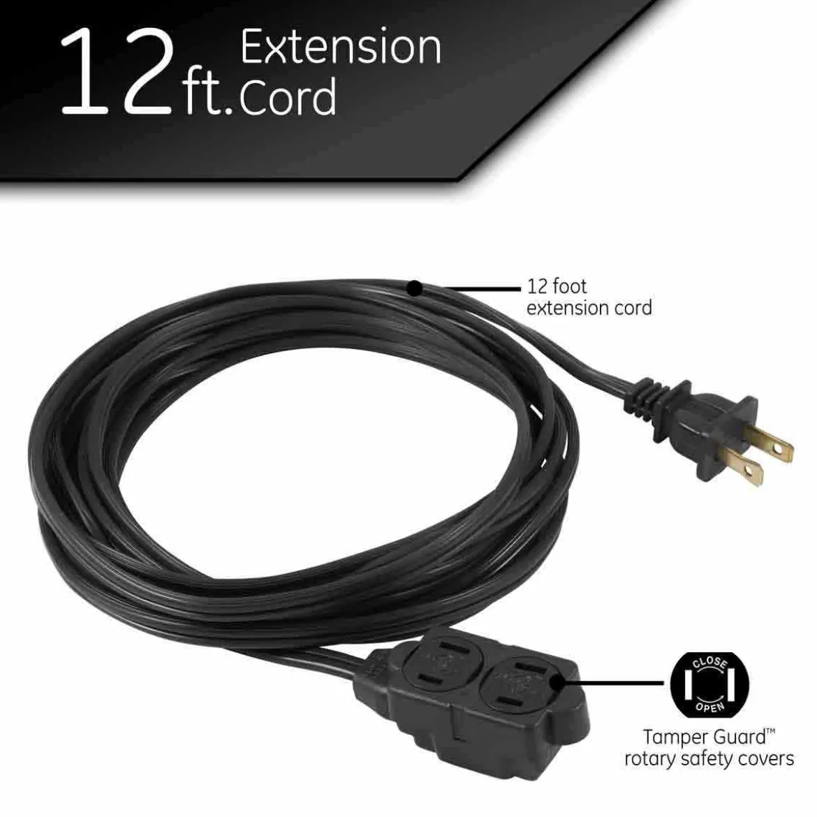 GE 3-Outlet 12ft. Extension Cord with twist-to-Close Outlets, Black