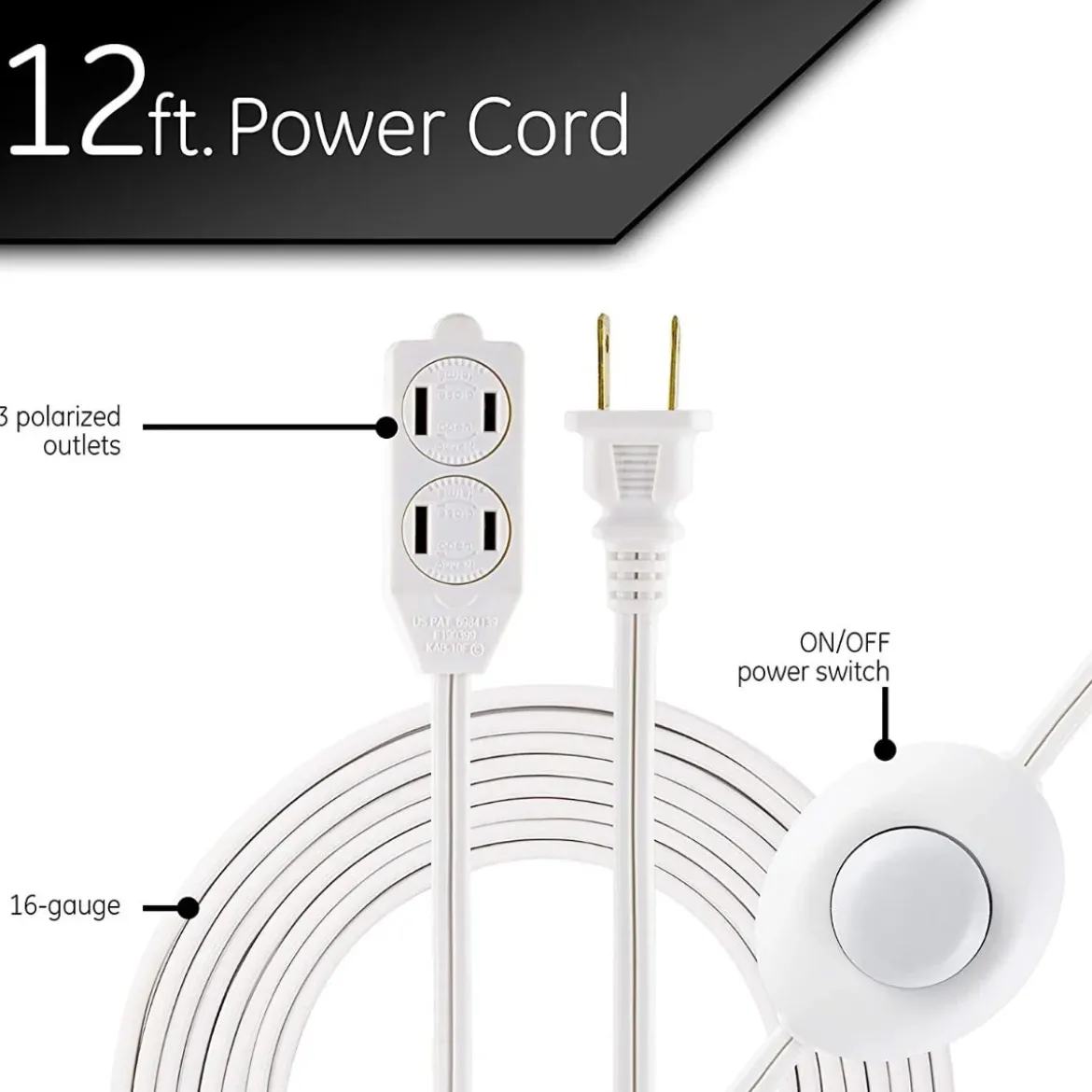 GE 3-Outlet 12ft. Extension Cord with On/Off Switch, White