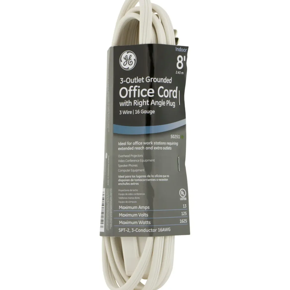 GE 3-Outlet 8ft. Indoor Extension Cord with Right-Angle Plug, White