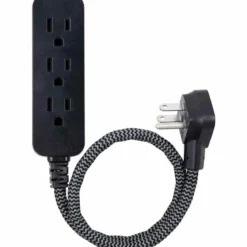 GE 3-Outlet 1ft. Mini Braided Extension Cord and Flat Plug, Black/Gray