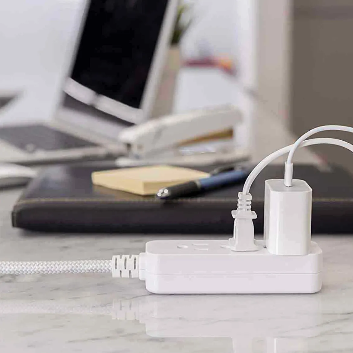 GE 3-Outlet 1ft. Mini Braided Extension Cord with Flat Plug, White/Gray