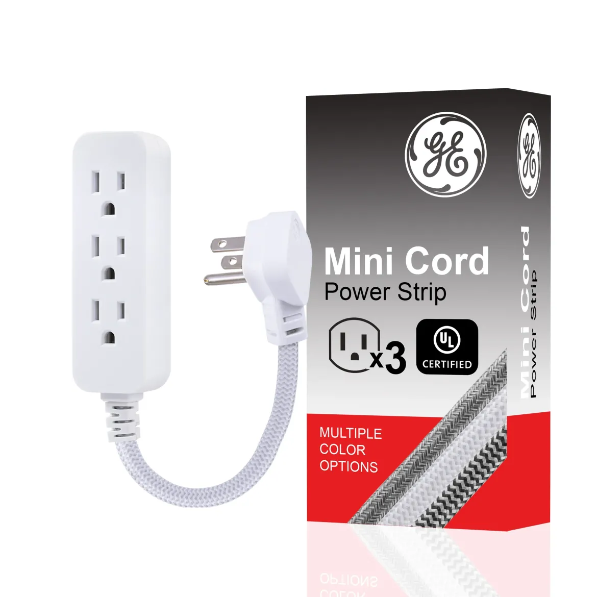 GE 3-Outlet 1ft. Mini Braided Extension Cord with Flat Plug, White/Gray