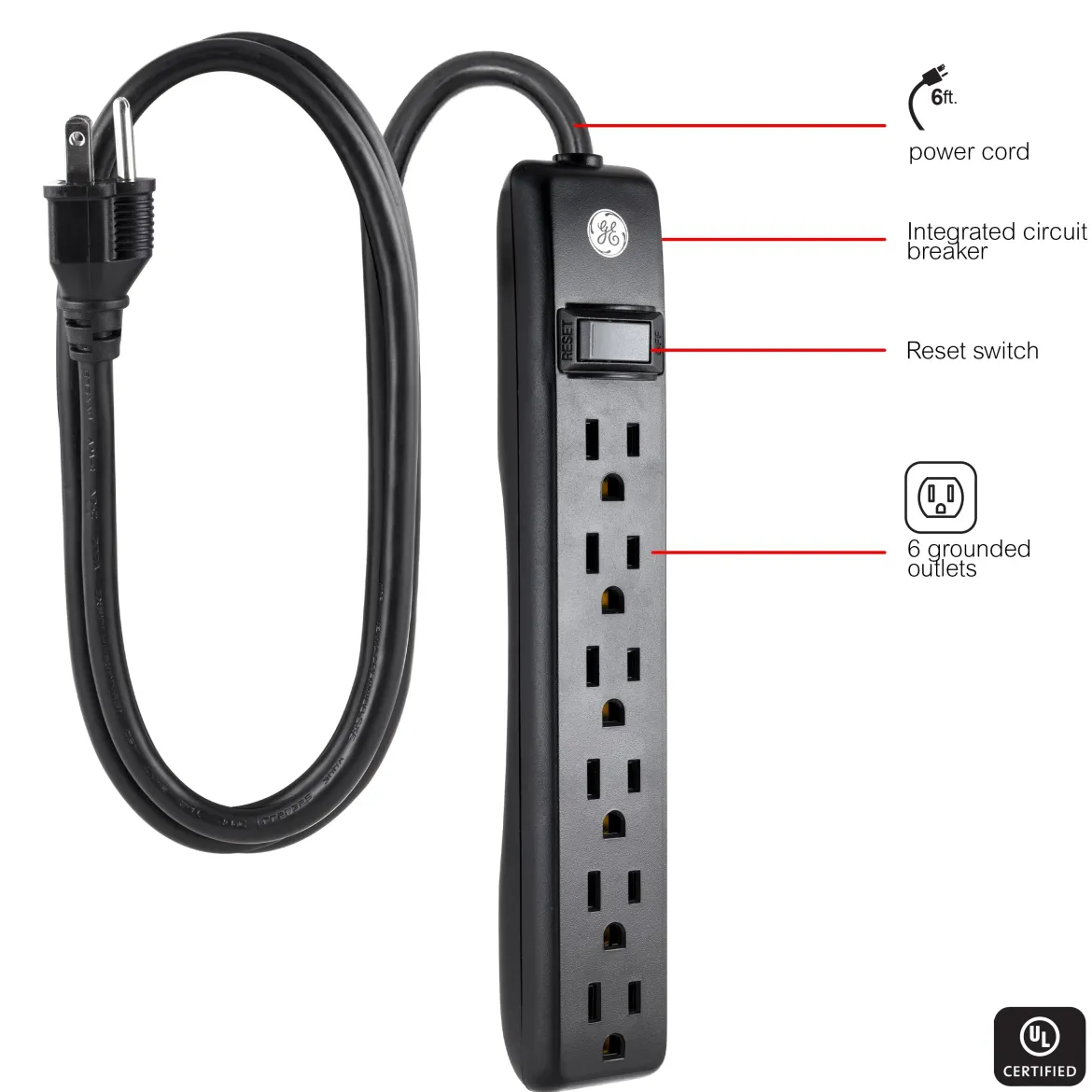 GE 6-Outlet 6ft. Power Strip, Black