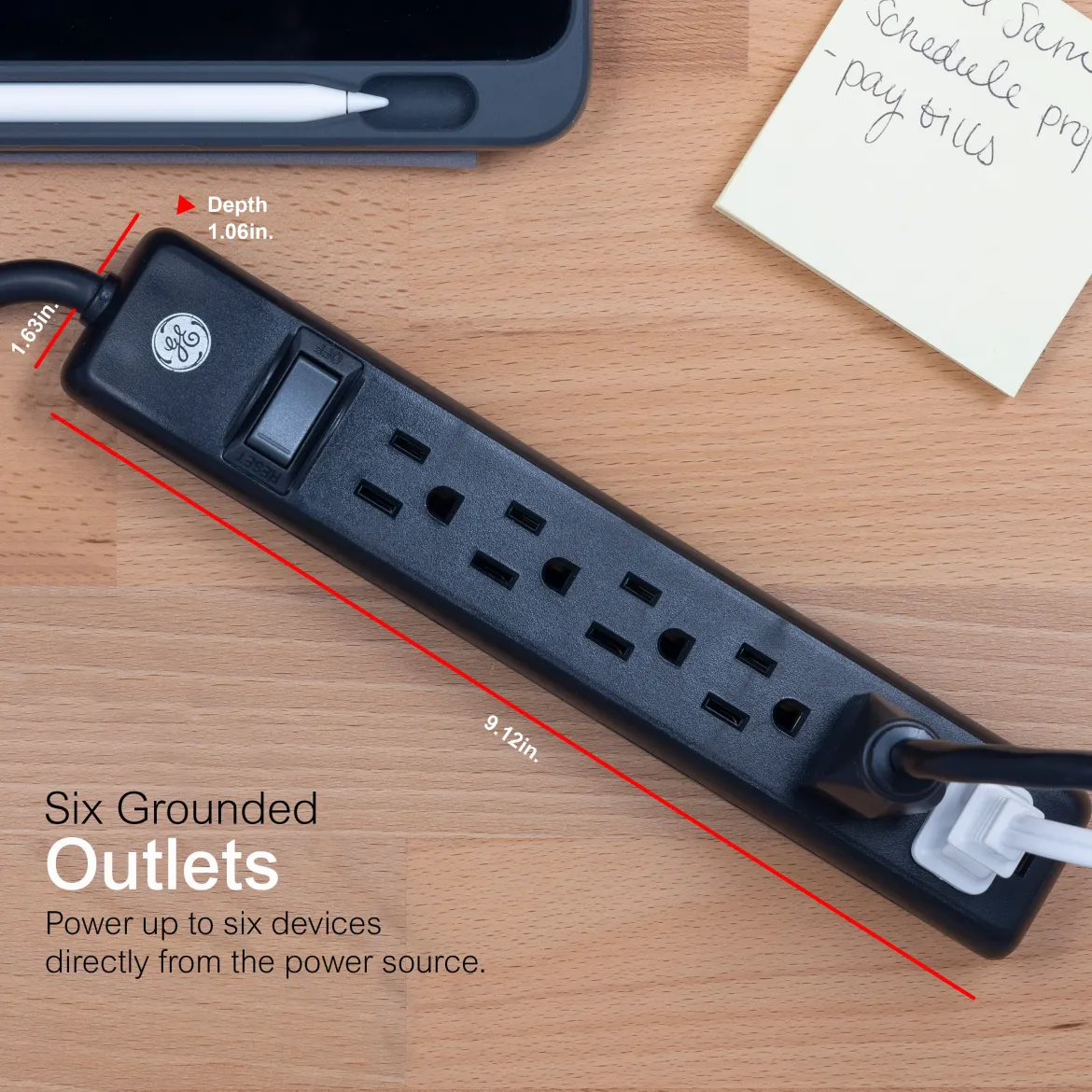 GE 6-Outlet 6ft. Power Strip, Black