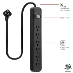 GE 6-Outlet 2ft. Power Strip, Black