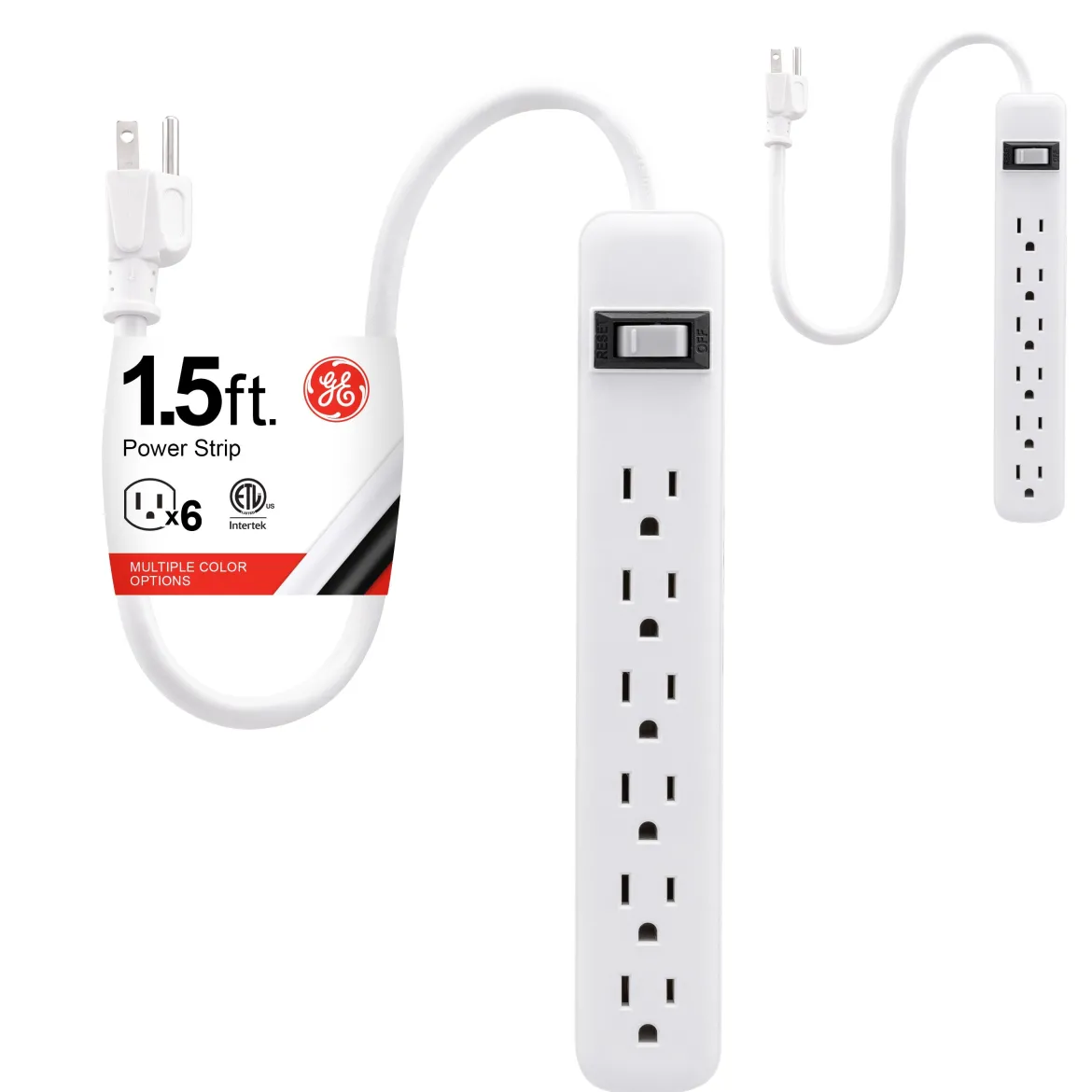 GE 6-Outlet 2ft. Power Strip, 2 Pack, White