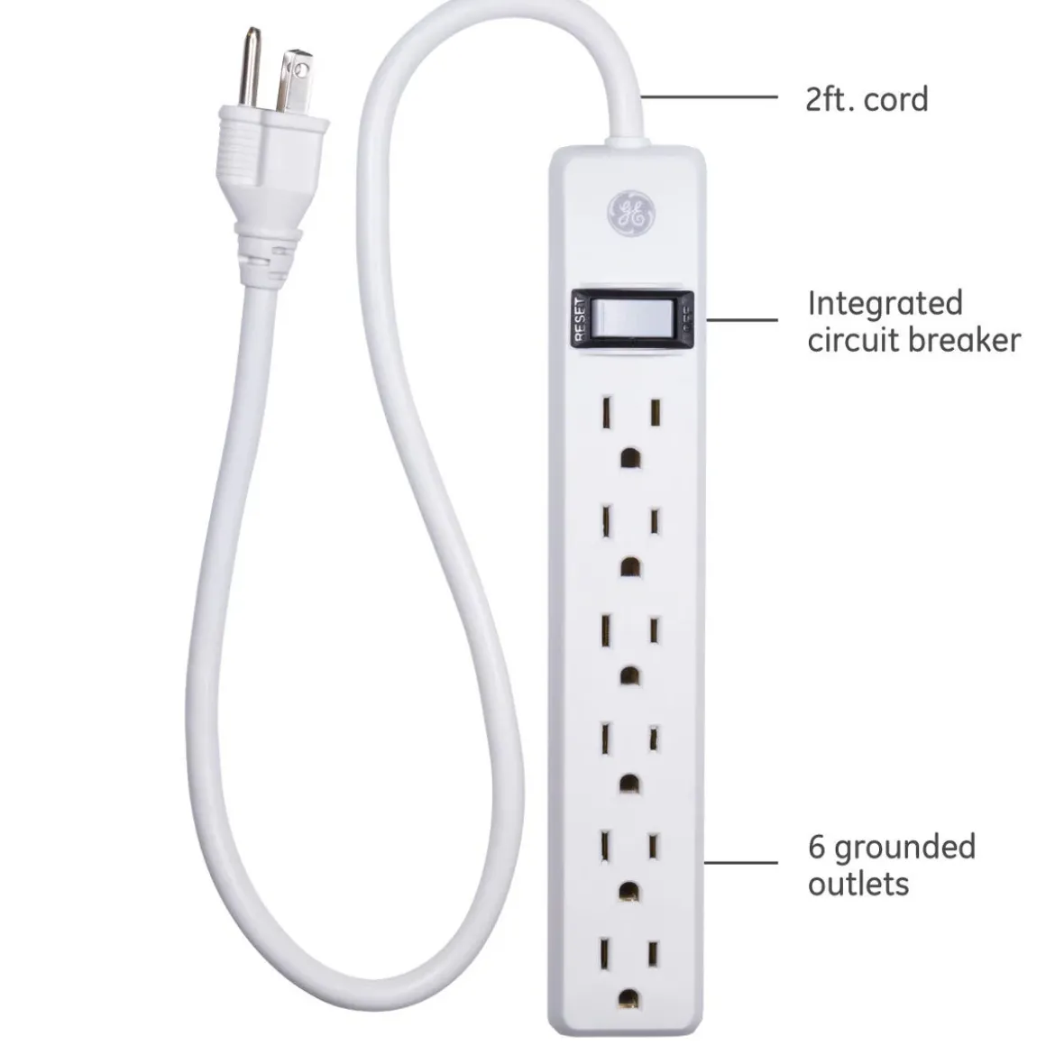 GE 6-Outlet 2ft. Power Strip, 2 Pack, White