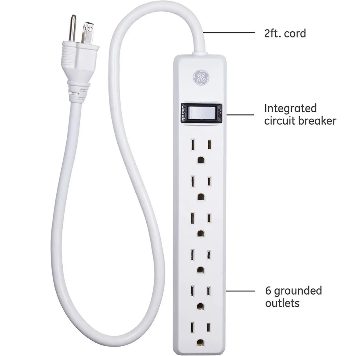 GE 6-Outlet 2ft. Power Strip, White