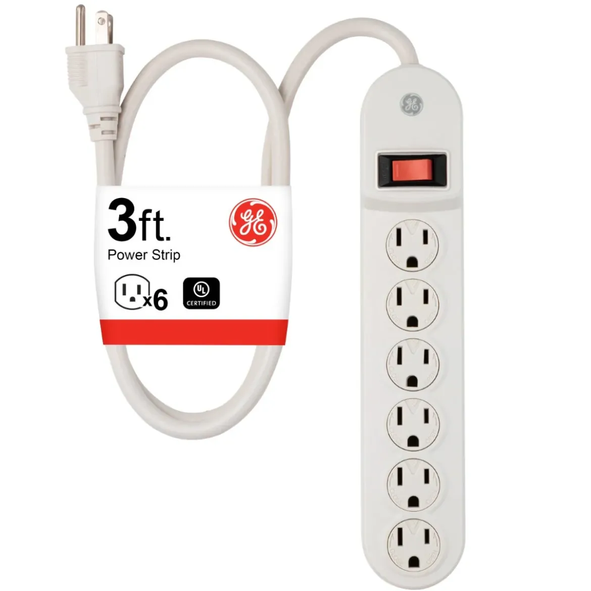 GE 6-Outlet 3ft. Power Strip with Twist-to-Close Safety Covers, White