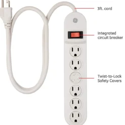 GE 6-Outlet 3ft. Power Strip with Twist-to-Close Safety Covers, White