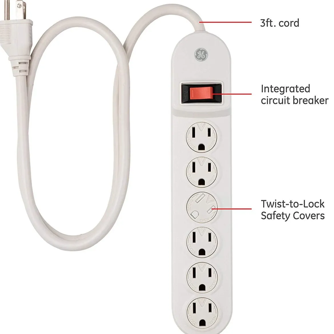 GE 6-Outlet 3ft. Power Strip with Twist-to-Close Safety Covers, White