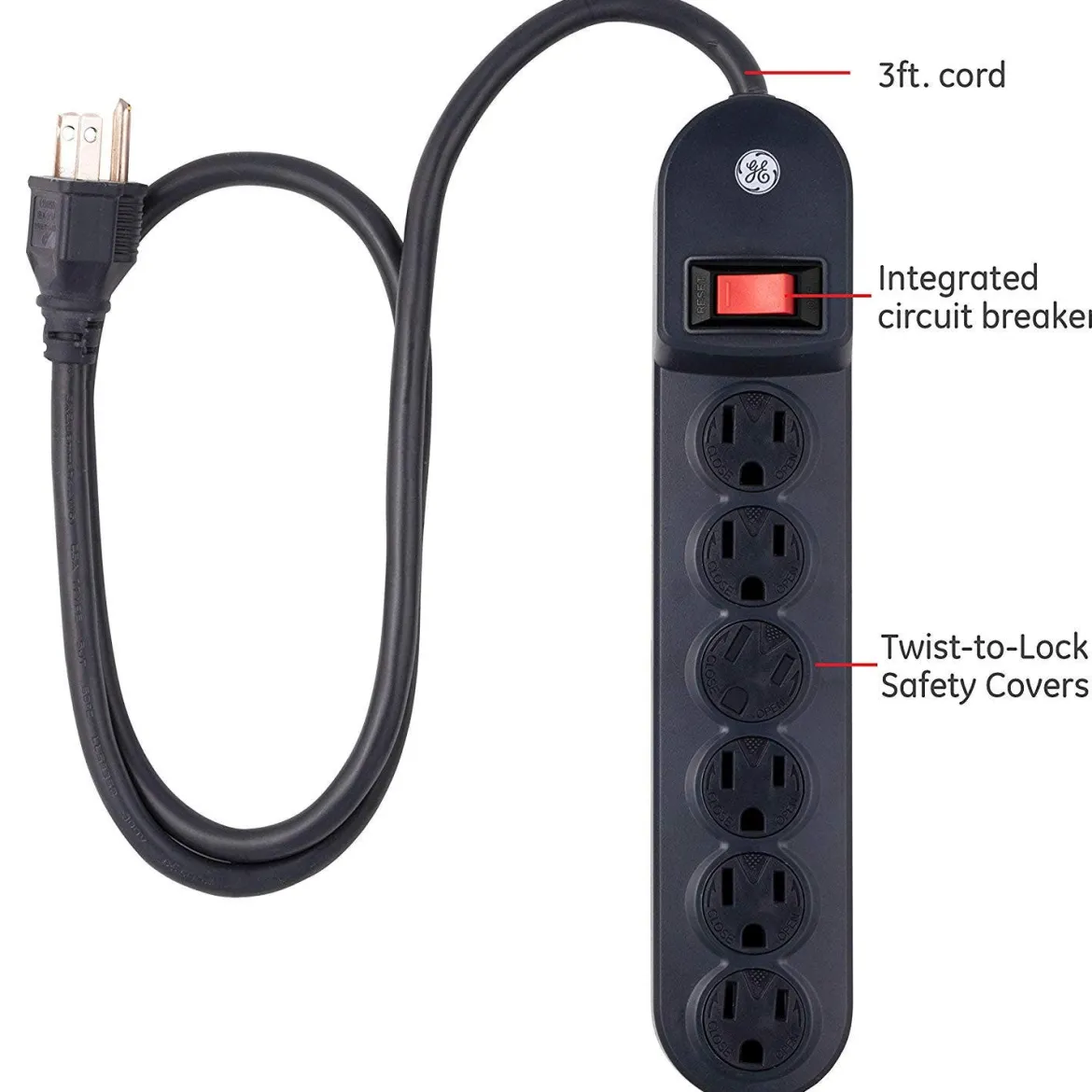 GE 6-Outlet 3ft. Power Strip with Twist-to-Close Safety Covers, Black