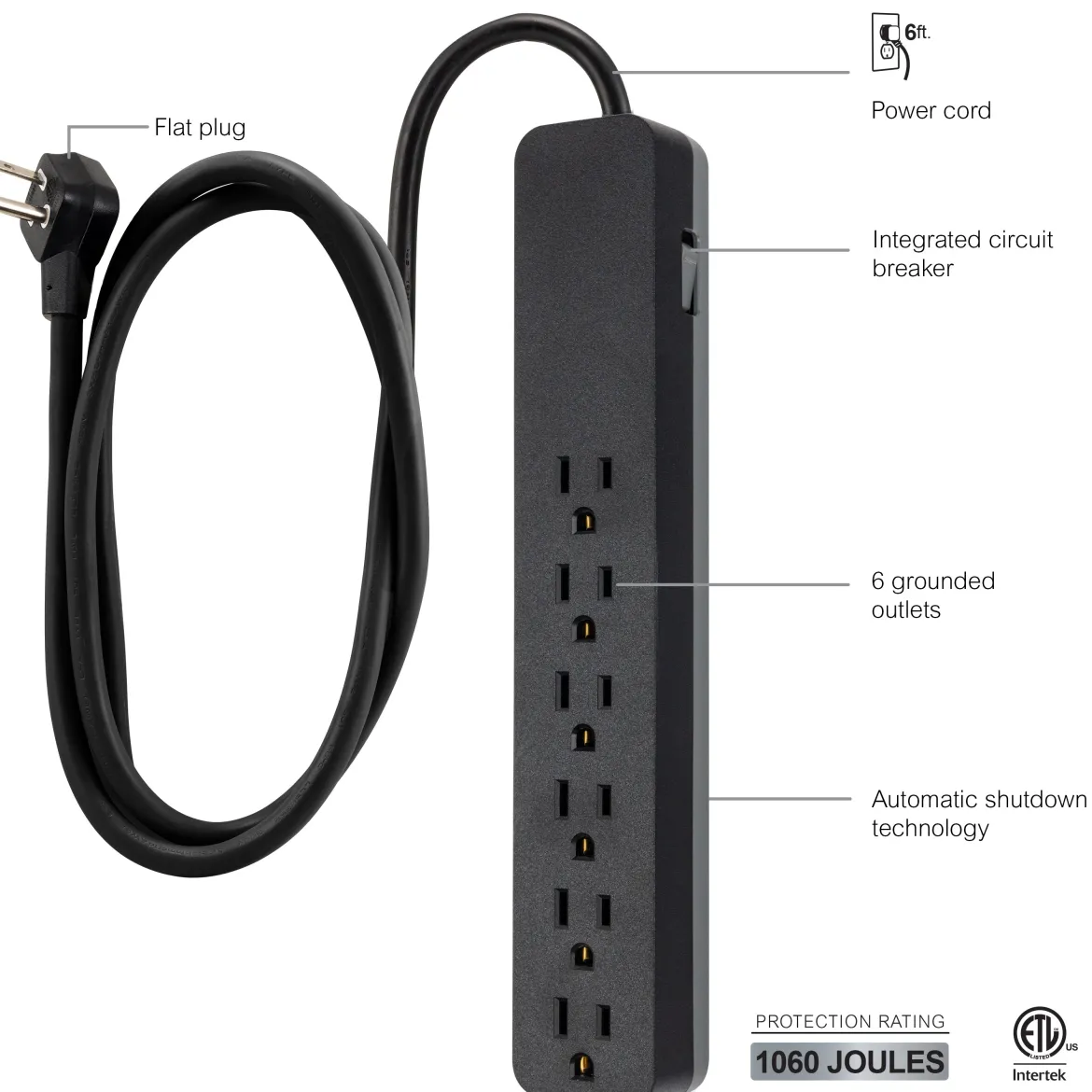 GE 6-Outlet 6ft. Surge Protector, Black