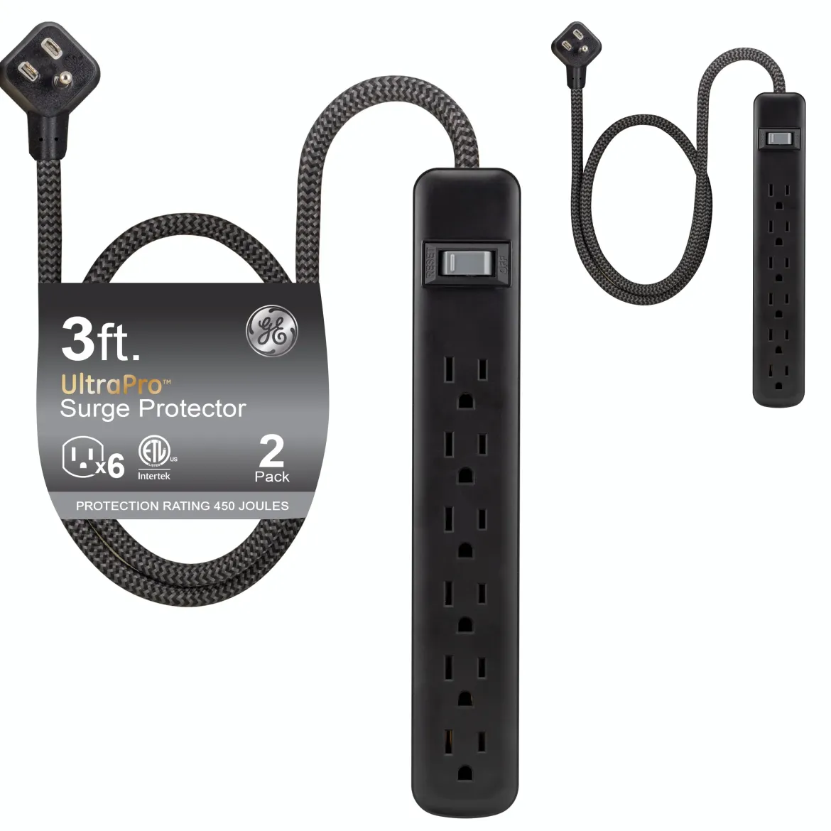 GE 6-Outlet 3ft. Surge Protector, 2 Pack, Black