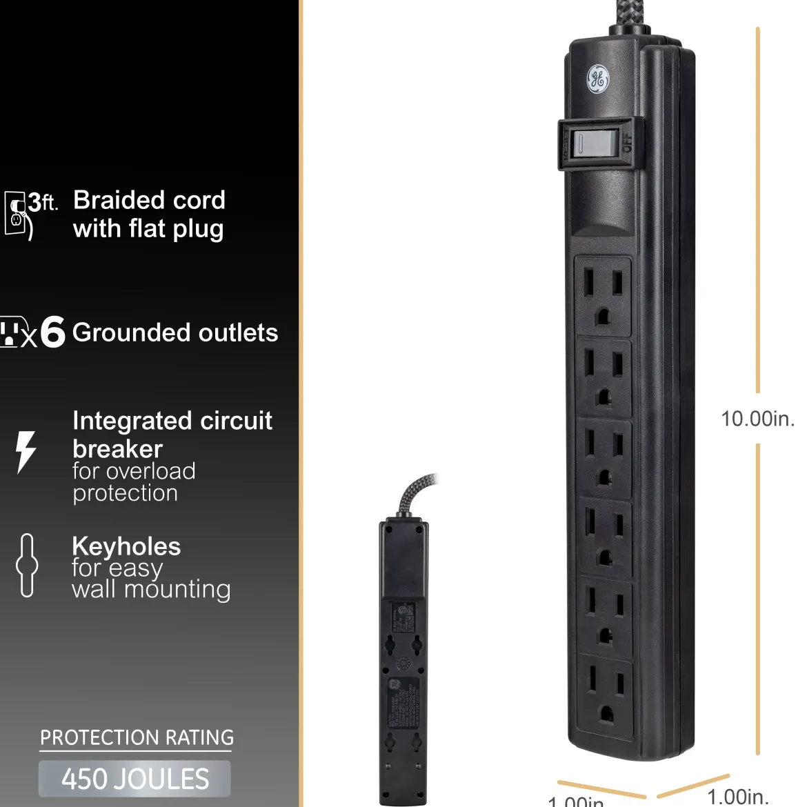 GE 6-Outlet 3ft. Surge Protector, 2 Pack, Black