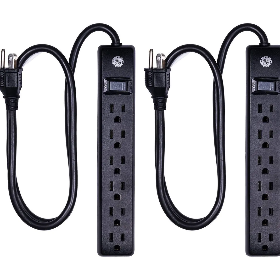 GE 6-Outlet 3ft. Surge Protector, 2 Pack, Black