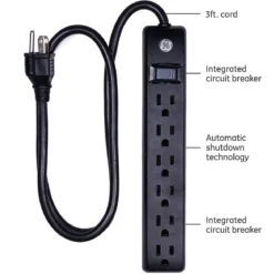 GE 6-Outlet 3ft. Surge Protector, 2 Pack, Black