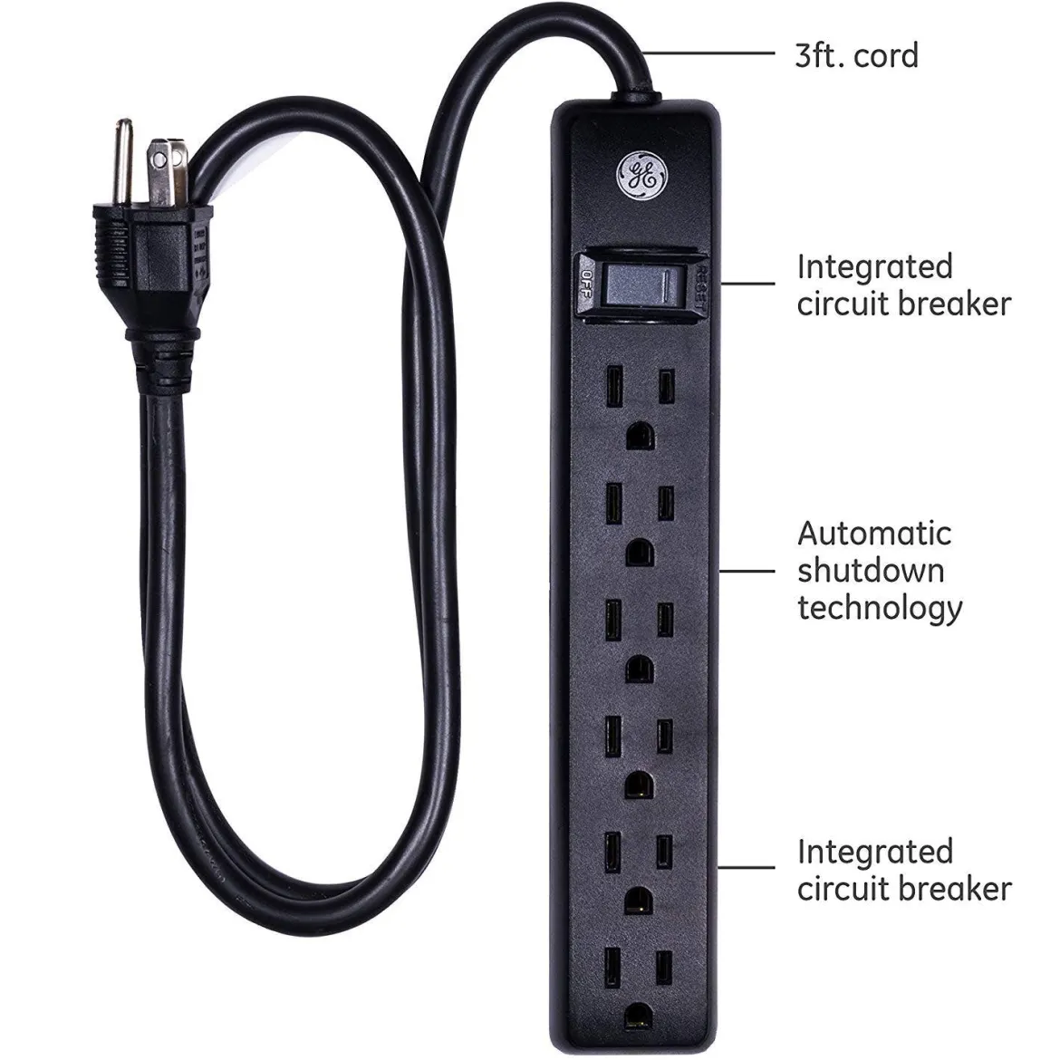 GE 6-Outlet 3ft. Surge Protector, 2 Pack, Black