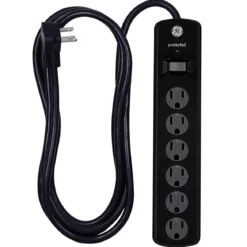 GE 6-Outlet 8ft. Surge Protector with Twist-to-Close Safety Covers, 2 Pack, Black