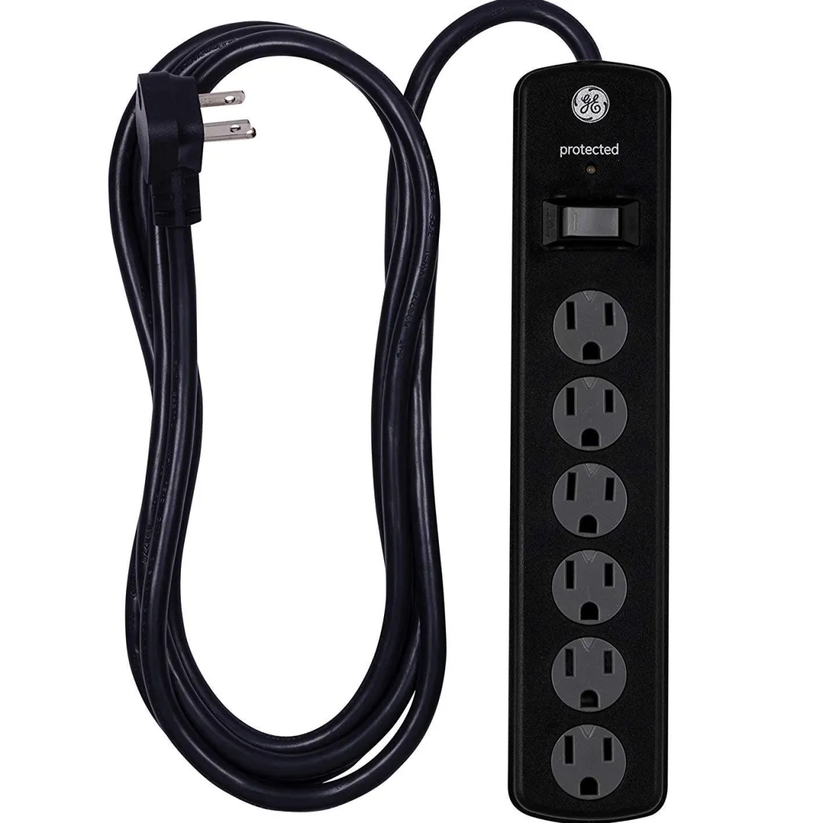 GE 6-Outlet 8ft. Surge Protector with Twist-to-Close Safety Covers, 2 Pack, Black