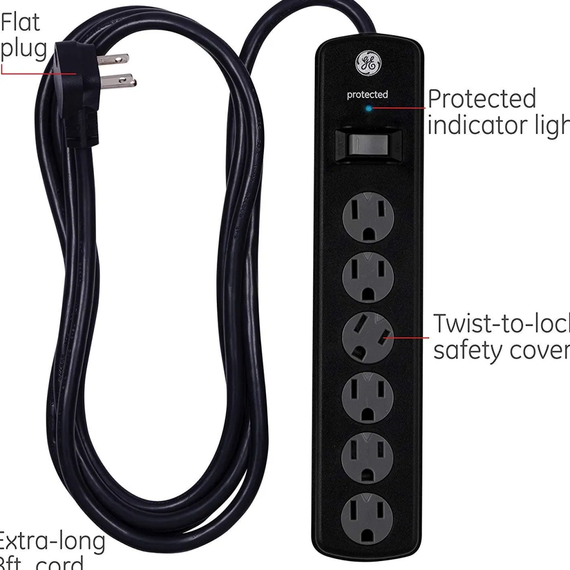 GE 6-Outlet 8ft. Surge Protector with Twist-to-Close Safety Covers, 2 Pack, Black