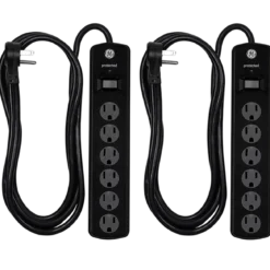 GE 6-Outlet 8ft. Surge Protector with Twist-to-Close Safety Covers, 2 Pack, Black