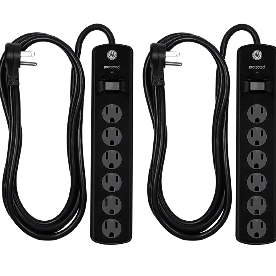 GE 6-Outlet 8ft. Surge Protector with Twist-to-Close Safety Covers, 2 Pack, Black