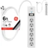 GE 6-Outlet 6ft. Surge Protector With Twist-To-Close Safety Covers, 2 Pack, White