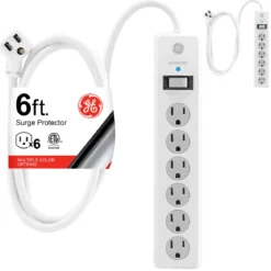 GE 6-Outlet 6ft. Surge Protector With Twist-To-Close Safety Covers, 2 Pack, White