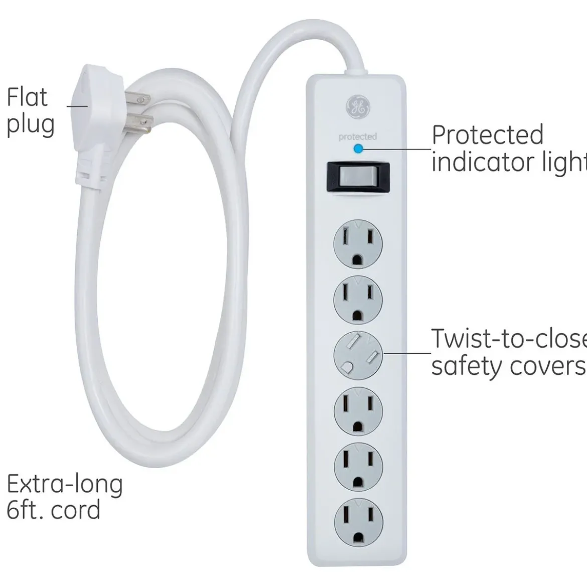 GE 6-Outlet 6ft. Surge Protector With Twist-To-Close Safety Covers, 2 Pack, White