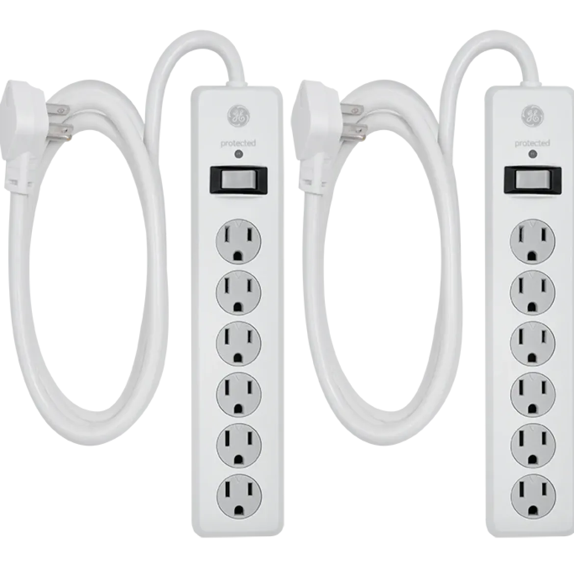 GE 6-Outlet 6ft. Surge Protector With Twist-To-Close Safety Covers, 2 Pack, White