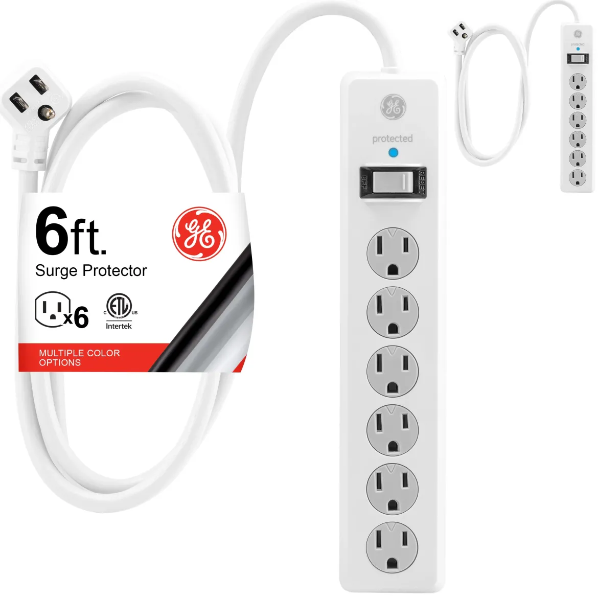 GE 6-Outlet 6ft. Surge Protector With Twist-To-Close Safety Covers, 2 Pack, White