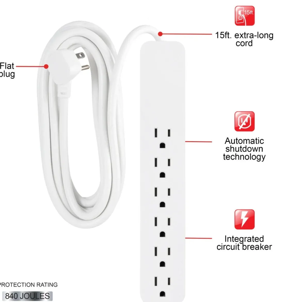 GE 6-Outlet 15ft. Surge Protector, White