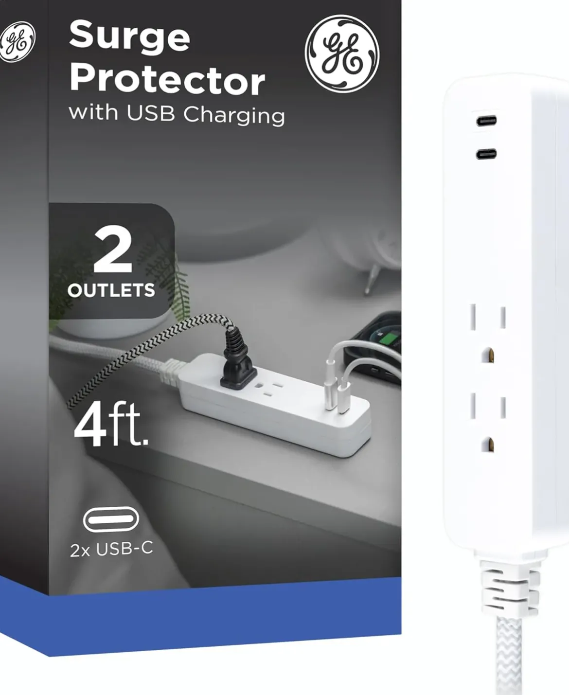 GE 2-Outlet 4ft. Surge Protector with USB Charging, White