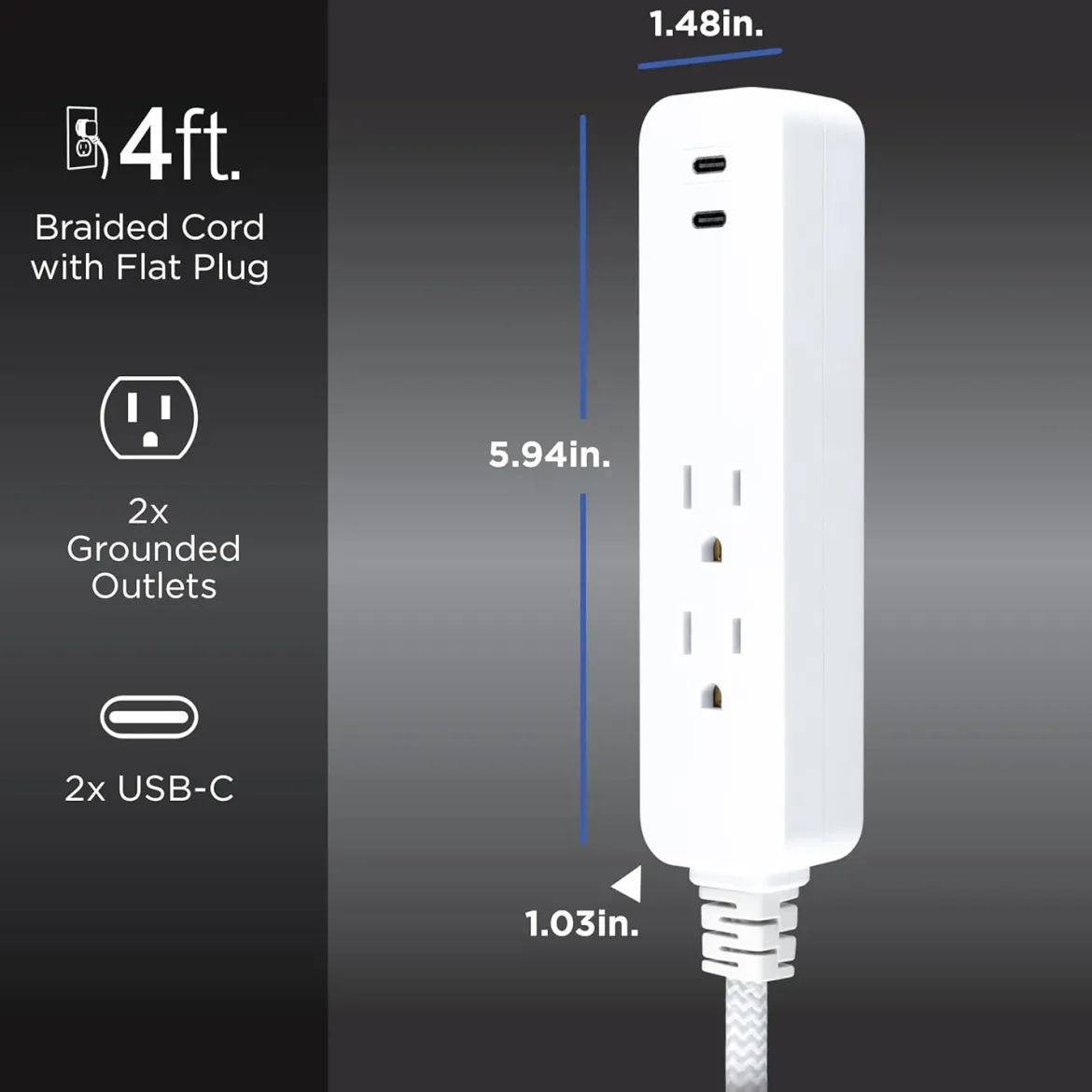 GE 2-Outlet 4ft. Surge Protector with USB Charging, White