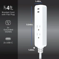 GE 2-Outlet 4ft. Surge Protector with USB Charging, White